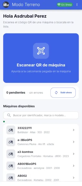 App de terreno de Gestiona en Modo Terreno: escaneo de QR y lista de máquinas