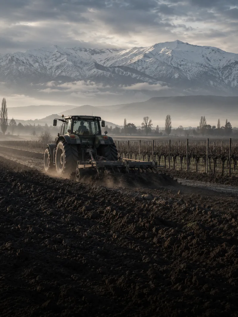Tractor arando un campo con la cordillera de fondo
