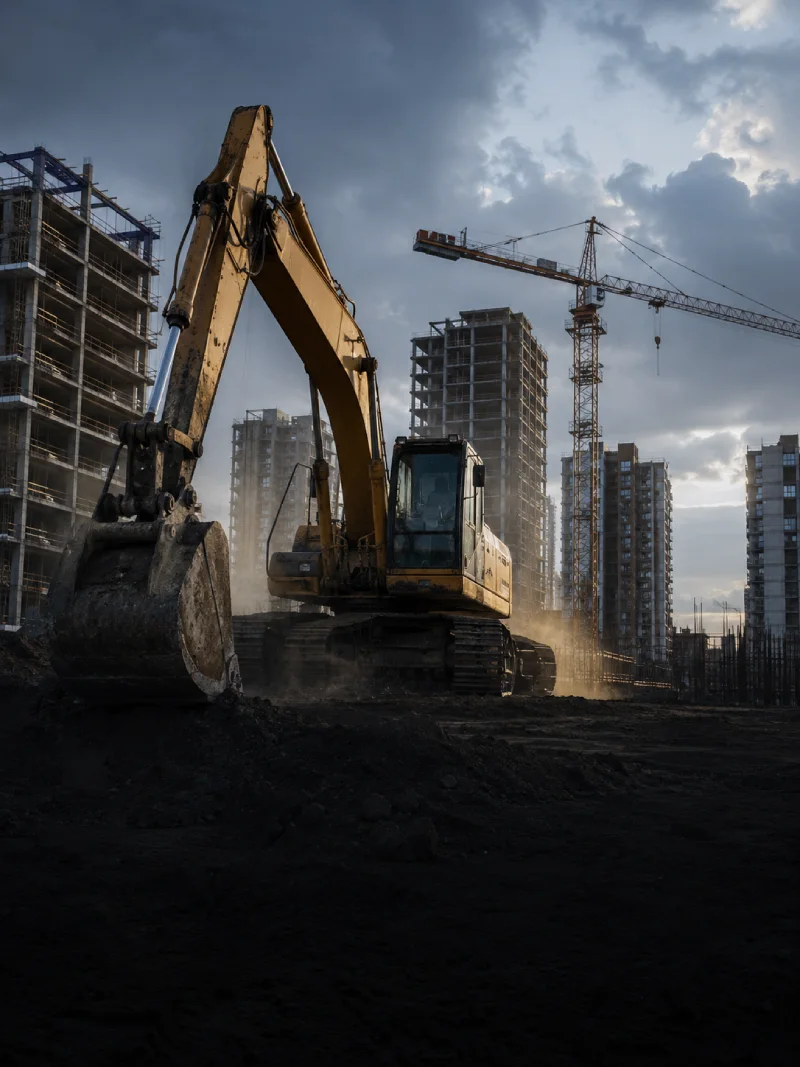 Excavadora trabajando en una obra de construcción urbana